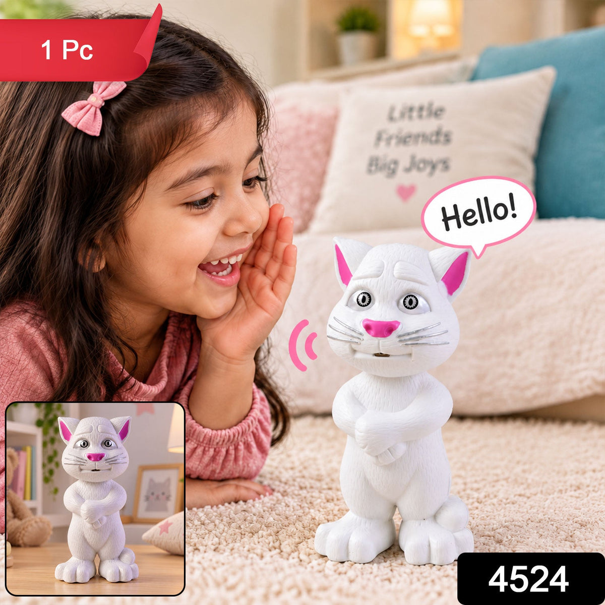 A young girl in a pink shirt smiles at a white cat toy with pink ears and nose, saying "Hello!" in a speech bubble, with a