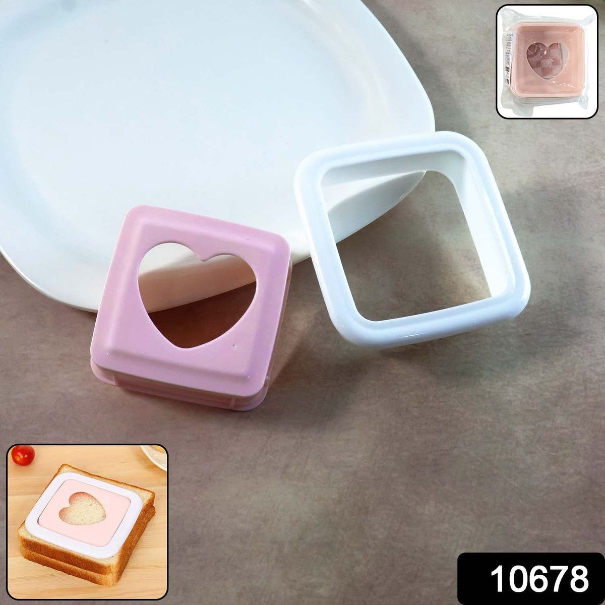Pink and white sandwich cutter with a heart shape, next to a white plate, with two small inset images.