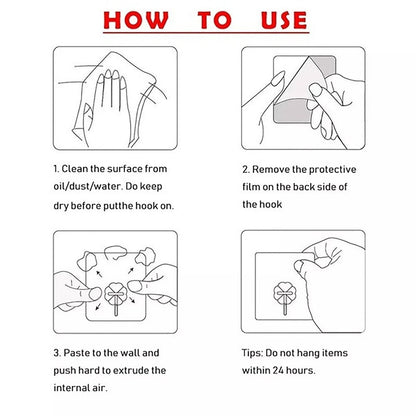 A four-panel line drawing illustrates how to use the adhesive hook, including cleaning the surface, removing film, pasting,