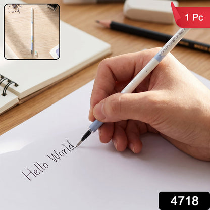 A hand writes "Hello World" on white paper with a white and blue pen refill, with "1 Pc" and "4718" labels.