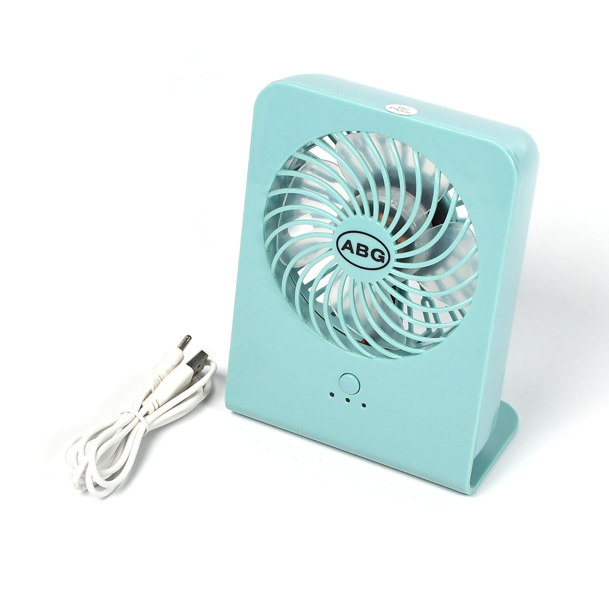 A mint green portable desk fan and a coiled white USB cable on a plain white surface.