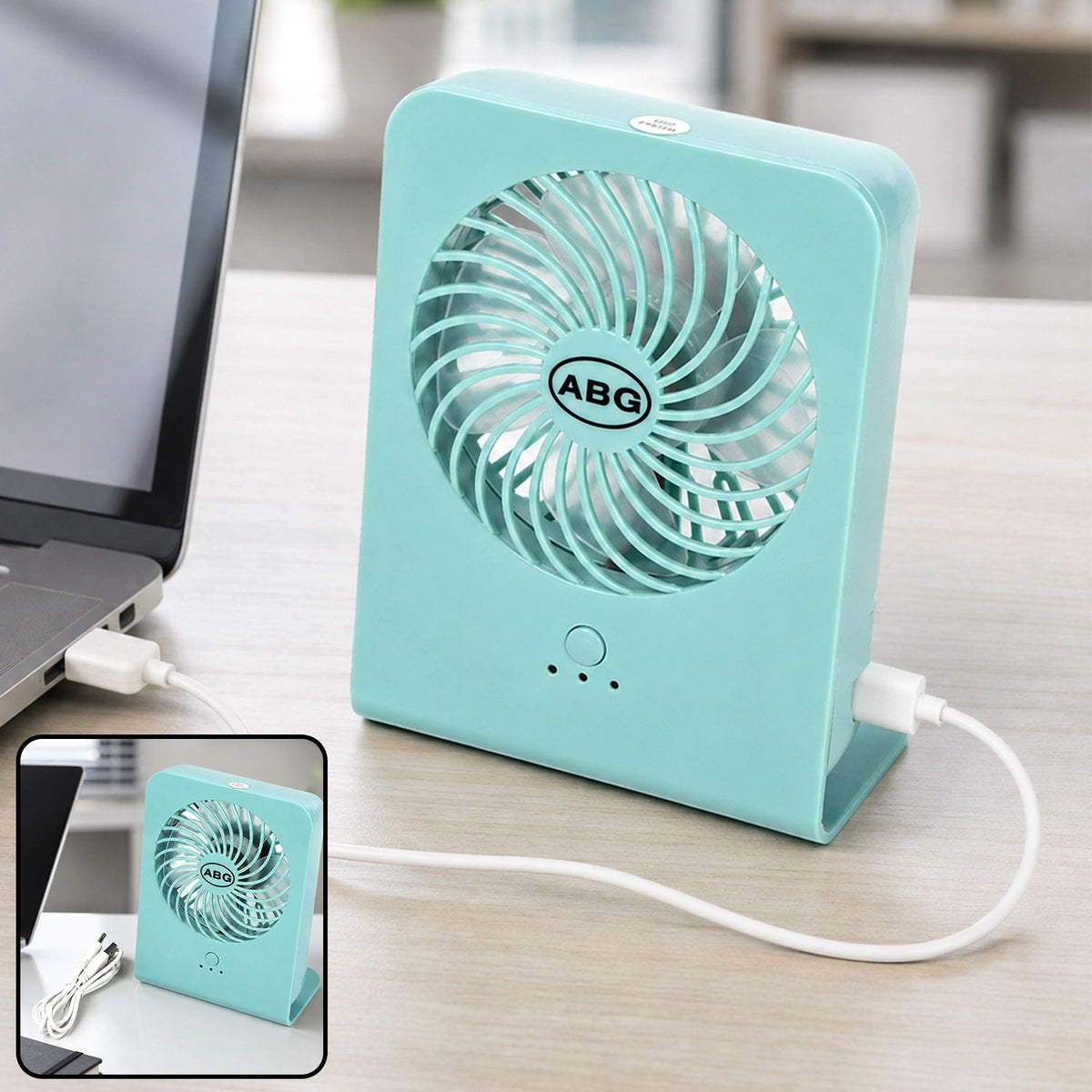 A mint green portable desk fan connected to a laptop via a white USB cable, with a close-up inset.