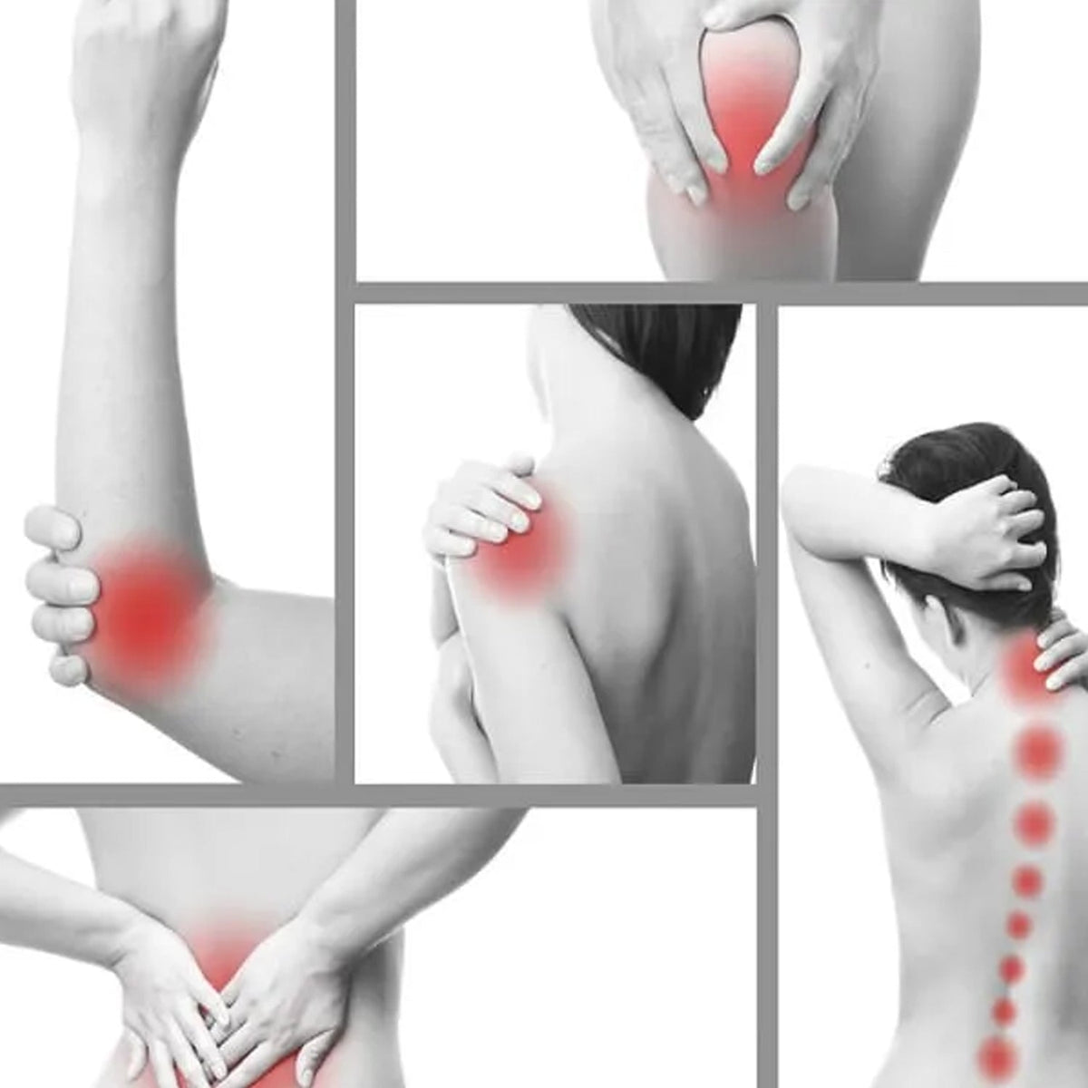 A collage of five black and white images highlighting various body parts (knee, elbow, shoulder, lower back, neck/spine)