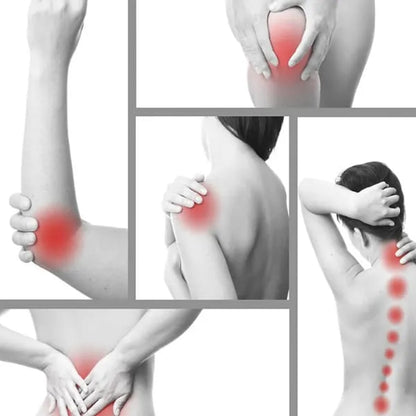 A collage of five black and white images highlighting various body parts (knee, elbow, shoulder, lower back, neck/spine)