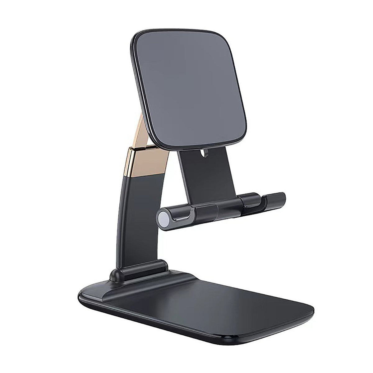 Black and gold foldable phone stand with a dark gray phone rest and base on a white background.
