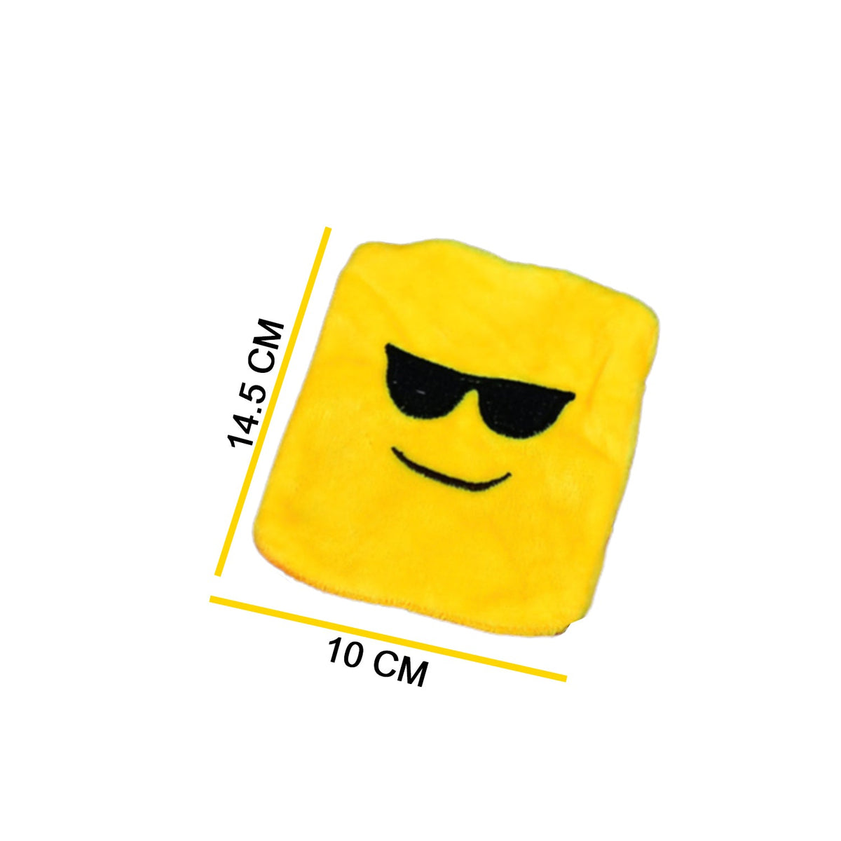 A yellow emoji hot water bag with sunglasses is shown on a white background with dimensions of 14.5 cm by 10 cm.