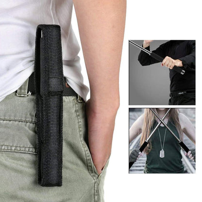 A black nylon carrying case for the baton is attached to a person's belt, with two smaller insets showing people holding