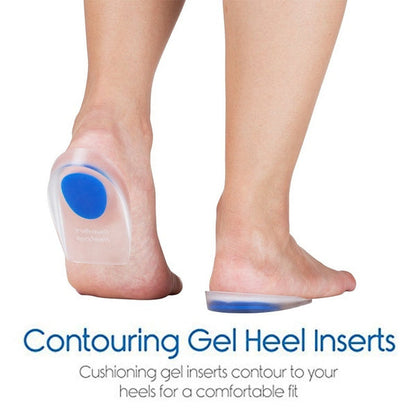 A person's bare feet show clear gel heel inserts with blue centers, with text about contouring gel heel inserts.