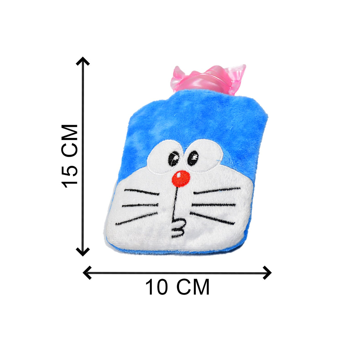 Blue Doraemon plush hot water bag with a pink stopper, showing dimensions of 15 cm height and 10 cm width.