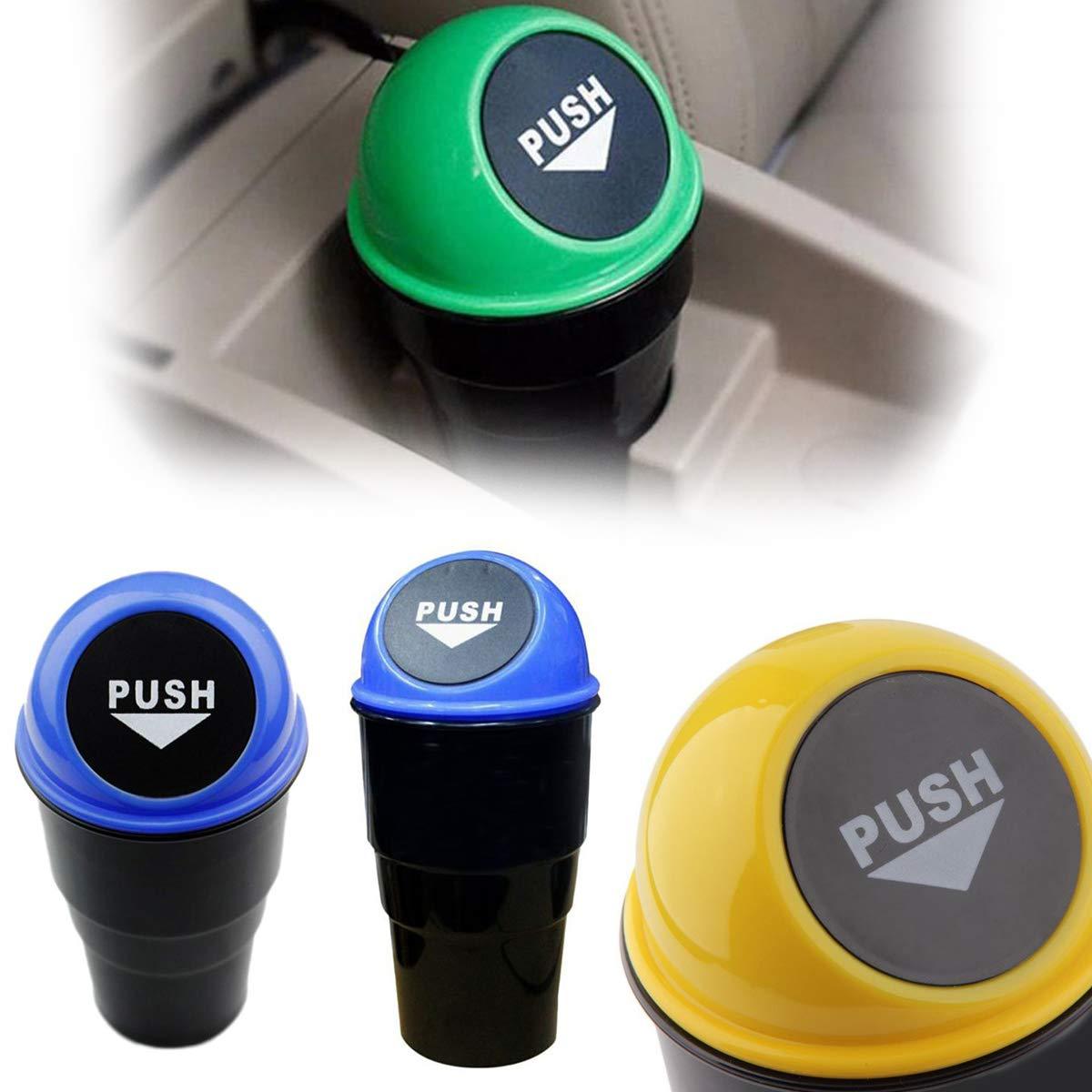 Three car dustbins are displayed: one with a green lid, one with a blue lid, and one with a yellow lid.