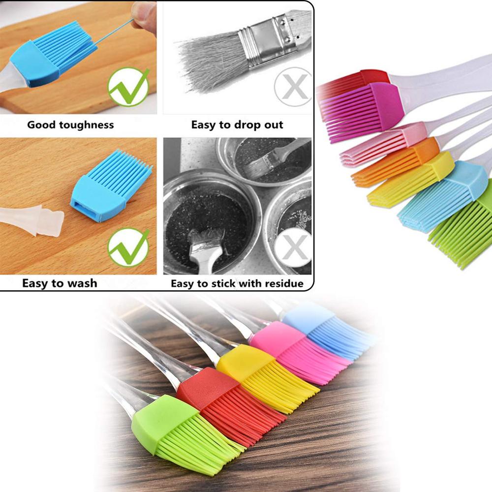 A collage shows blue silicone brush and spatula features, contrasting with a traditional brush, and a row of colorful