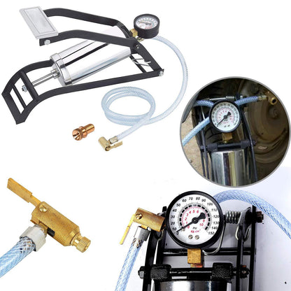 A black and silver foot pump with a gauge and hose is shown with close-ups of the gauge and a brass valve adapter.