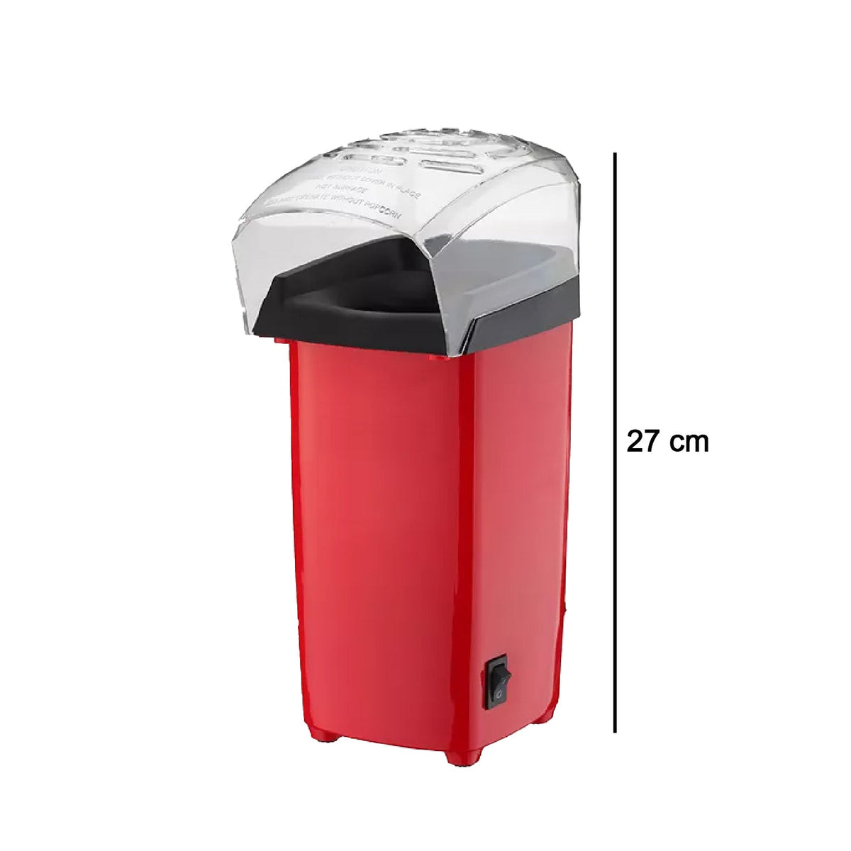 Red electric hot air popcorn maker with a clear top and black base, showing a height measurement of 27 cm.