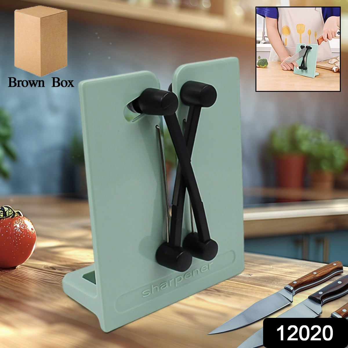 A mint green X-rod sharpener on a wooden countertop with knives. An inset shows a brown box and a smaller image of the
