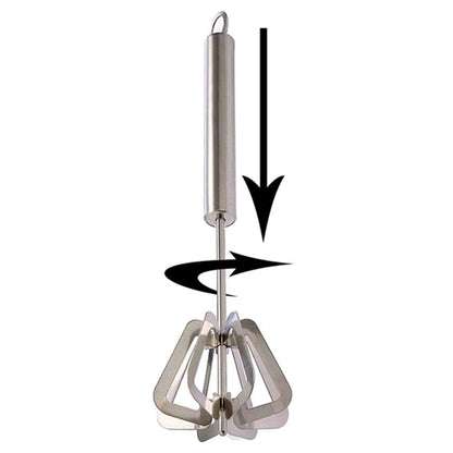 A silver stainless steel hand whisk with black arrows indicating a downward press and rotational movement.