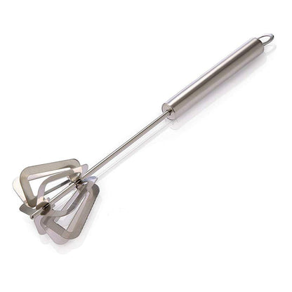 A silver stainless steel hand whisk with a loop at the end of the handle, against a white background with a shadow.