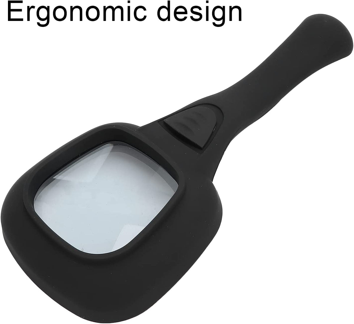 Black handheld magnifying glass with a square lens and ergonomic handle, on a white background.