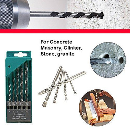 A collage showing a drill bit in use, the drill bit set, loose bits, and a person using a saw.