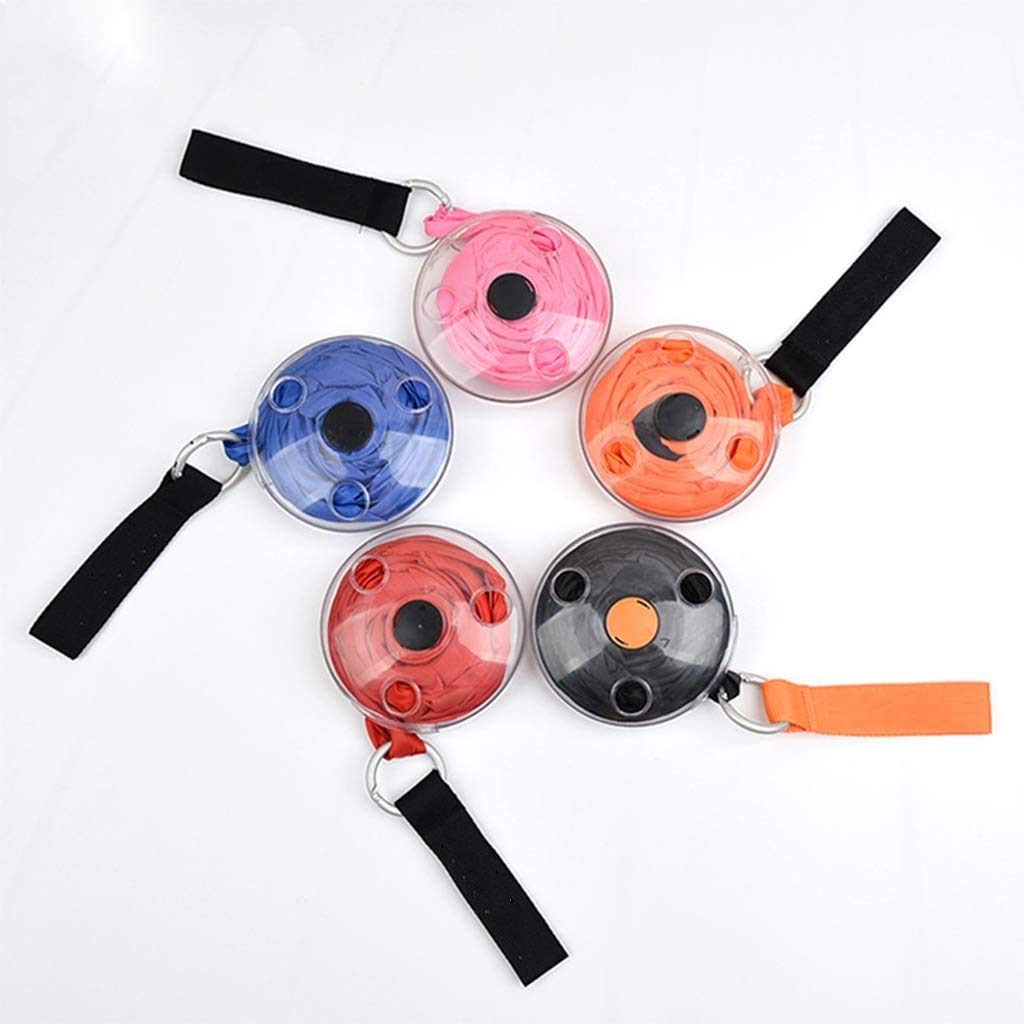 Five round reusable shopping bag dispensers in blue, pink, orange, red, and black, each with a black strap, are arranged on