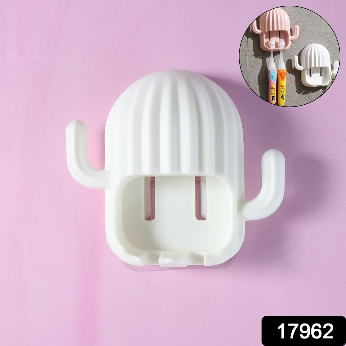 White cactus toothbrush holder on a pink background, with an inset showing pink and white holders.