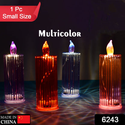 Four small LED crystal candles in purple, red, blue, and orange, with text overlays indicating "1 Pc Small Size" and