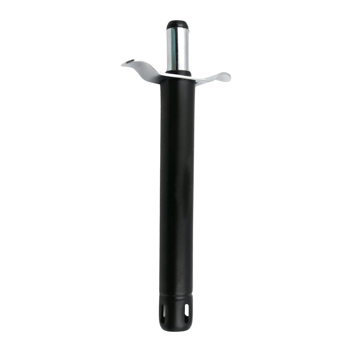 A black and silver gas lighter stands upright on a white background, showcasing its design.