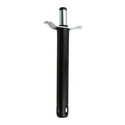 A black and silver gas lighter stands upright on a white background, showcasing its design.