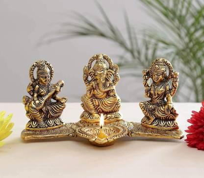 Design Gold Plated Lakshmi Ganesh Saraswati Idol with Deepak Showpiece