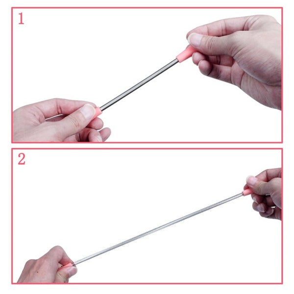 Two steps showing hands holding the pink and silver facial hair remover stick, first straight, then bent into a spring.