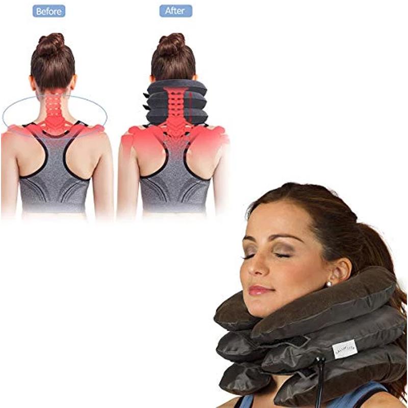 A woman wearing a neck traction device with an overlay showing red highlights on the spine before and after use.
