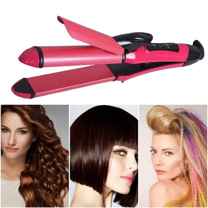 A pink 2-in-1 hair tool with three panels below showing women with curly, straight, and styled hair.