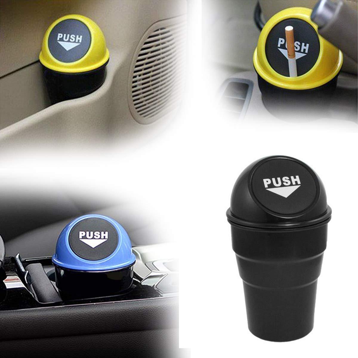 Four images show the car dustbin in various car placements, including a yellow-lidded version with an ashtray function.