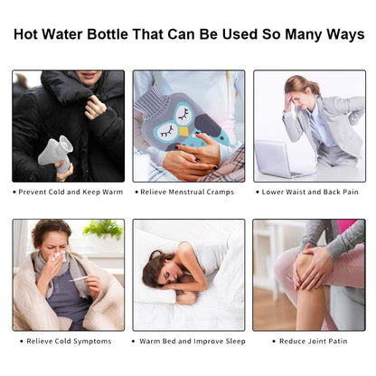 Six small images showing various uses for a hot water bottle, including for warmth and pain relief.