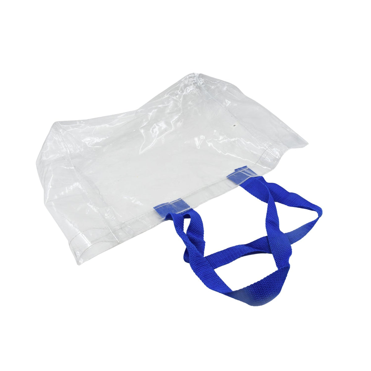 A clear PVC tote bag with blue handles is displayed empty, lying flat on a white background.