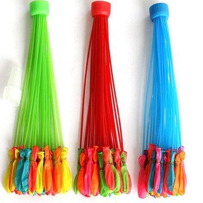 Three bunches of colorful water balloons with green, red, and blue nozzles, with a white filling adapter.