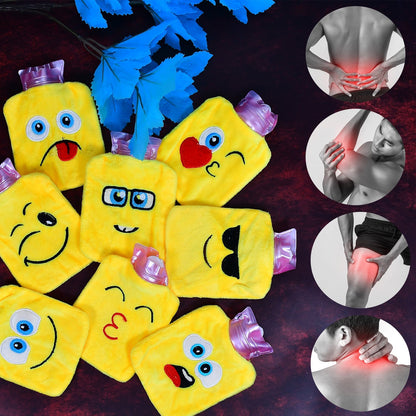 Seven yellow emoji hot water bags are arranged around four circular insets showing people with pain points.