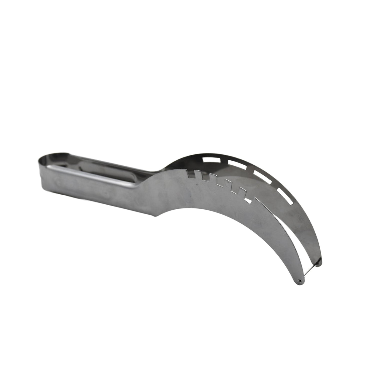 A silver stainless steel watermelon slicer is shown from an angled perspective on a white background