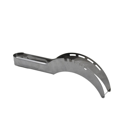 A silver stainless steel watermelon slicer is shown from an angled perspective on a white background