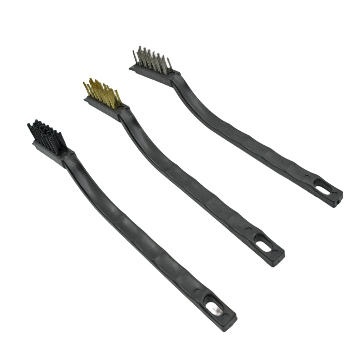 Three mini wire brushes with black handles and different bristle materials arranged diagonally on a white background.