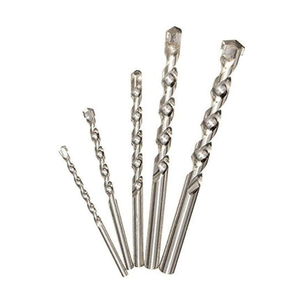 Five silver masonry drill bits with hexagonal tips are arranged vertically on a white background.