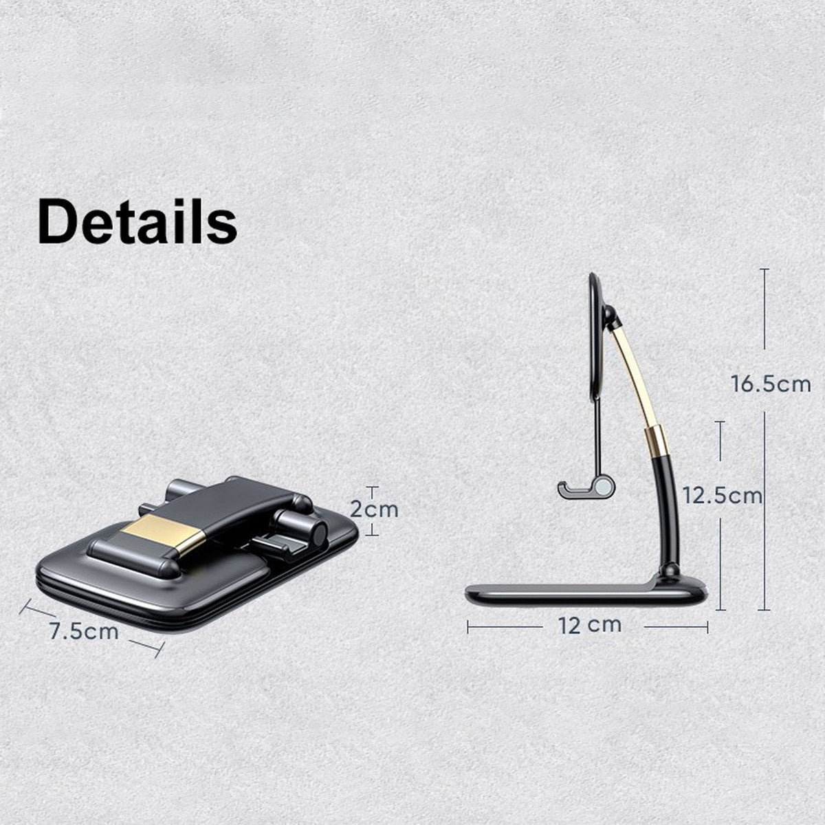 Folded and unfolded black and gold phone stand with dimensions labeled for length, width, and height.