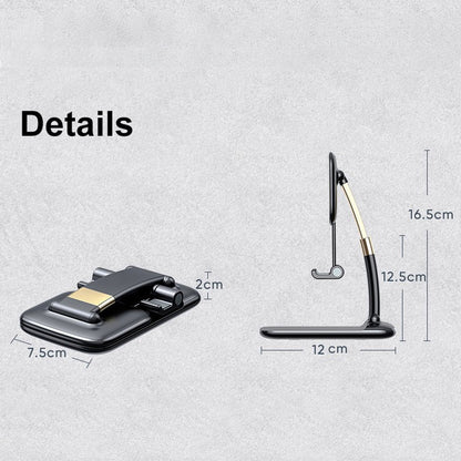 Folded and unfolded black and gold phone stand with dimensions labeled for length, width, and height.