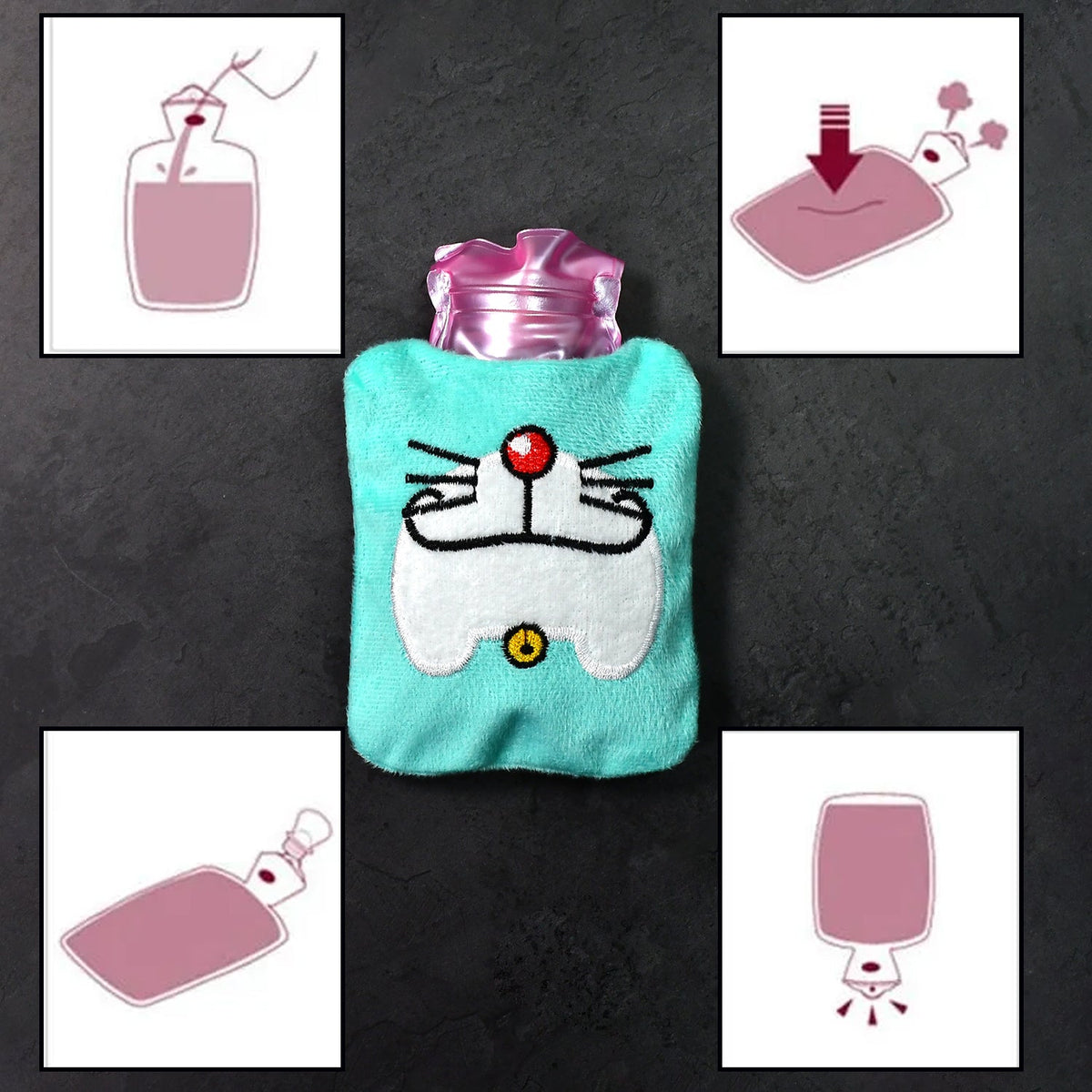 A light blue hot water bag with a Doraemon face design is surrounded by four instructional diagrams for use.