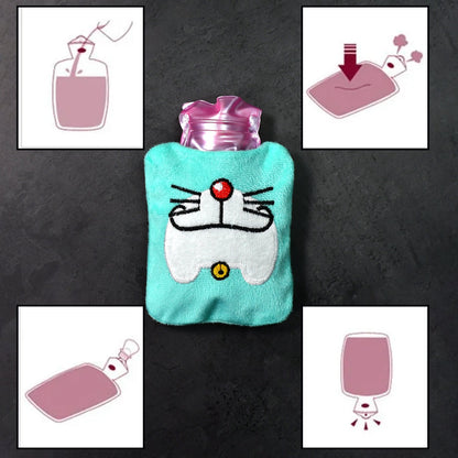 A light blue hot water bag with a Doraemon face design is surrounded by four instructional diagrams for use.