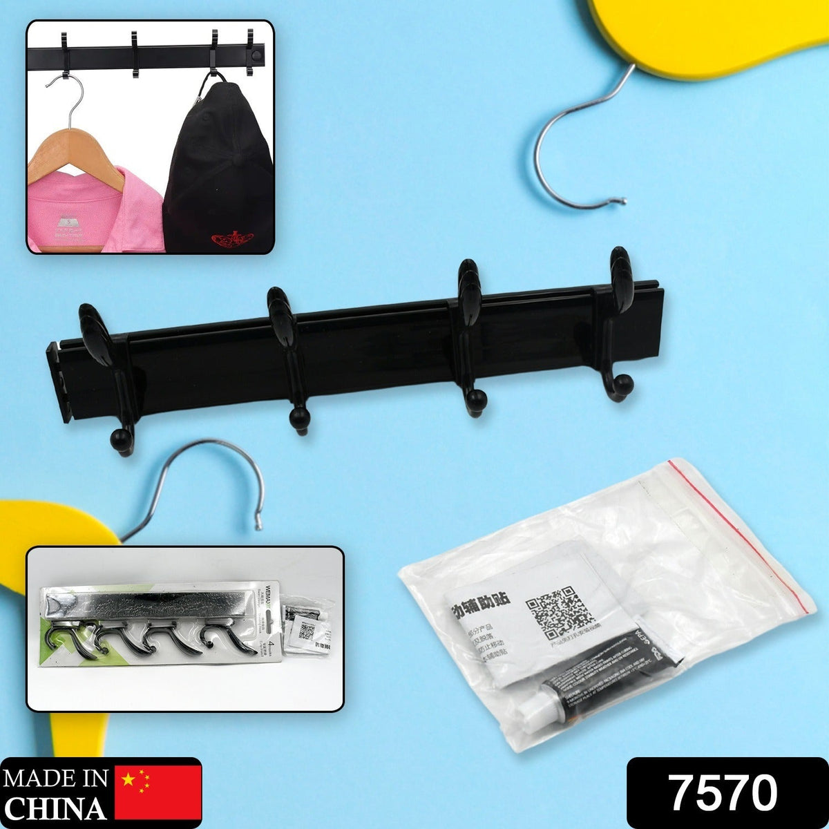 Black four-hook coat rack with insets showing it holding a pink shirt and black bag, plus packaging and adhesive.