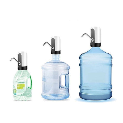 Three automatic water pumps on different sized clear and blue water bottles, ranging from small to large, against a white