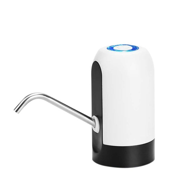 White and black automatic water pump with a silver spout and a blue illuminated button on top, against a white background.