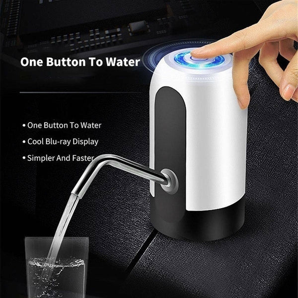 A finger pressing the blue illuminated button on the automatic water pump, dispensing water into a glass, with text