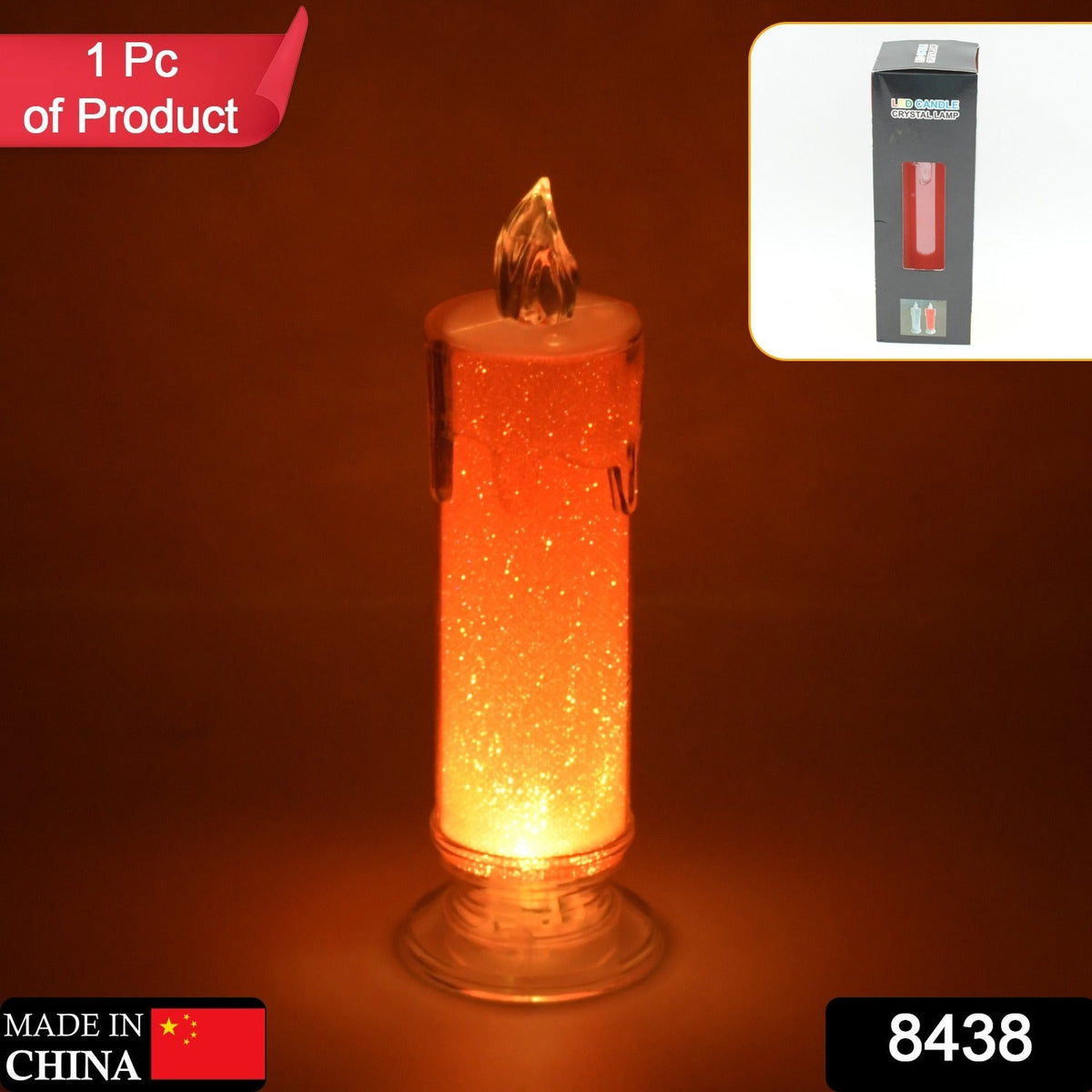 A red LED glitter candle with its packaging shown in the top right corner and a 'Made in China' label.