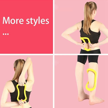 Four panels showing a woman using a yellow pilates ring for back, shoulder, and leg stretches.
